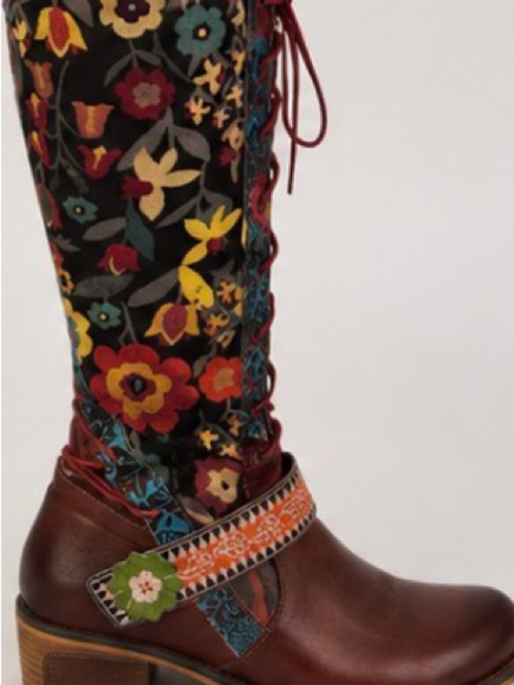 Spring Step Brown Leather Boots with Multicolor Floral Shaft - Picture 4 of 4